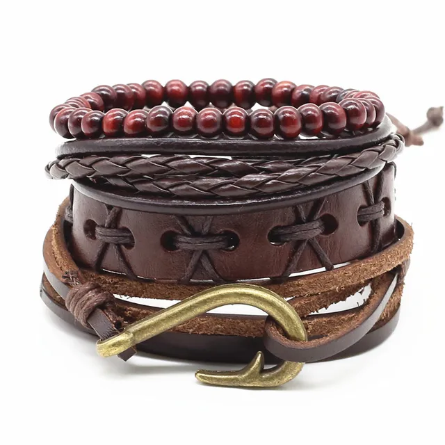 New 4pcs Set Handmade Fashion Trendy Vintage Wood Bead Fish New 4pcs Set Handmade Fashion Trendy Vintage Wood Bead Fish Hook Charm Men Leather