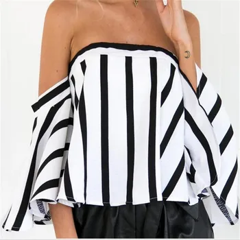 

Spring Chiffon Blouse summer Cold Shoulder shirt Tops Women Striped Blouse Off Shoulder Chiffon Casual Embroidered lace Top