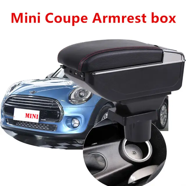 All Black, Double Layer with USB for Mini Cooper Coupe Armrest Console Center Storage Box with Base Cup Holder Ashtray