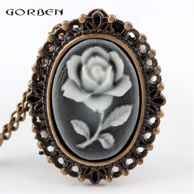 White Rose Flower Bronze Retro Pocket Necklace Pendant Watch Women's Gifts P61 White Rose Flower Bronze Retro Pocket Necklace Pendant Watch Women's Gifts P61