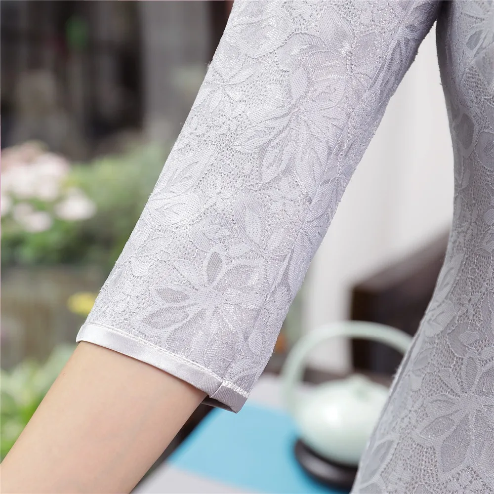 Шанхай история Замочная скважина китайское платье Длинные Cheongsam бархат Qipao Кружево Oriental платье с рукавами 3/4 бархат Винтаж Cheongsam