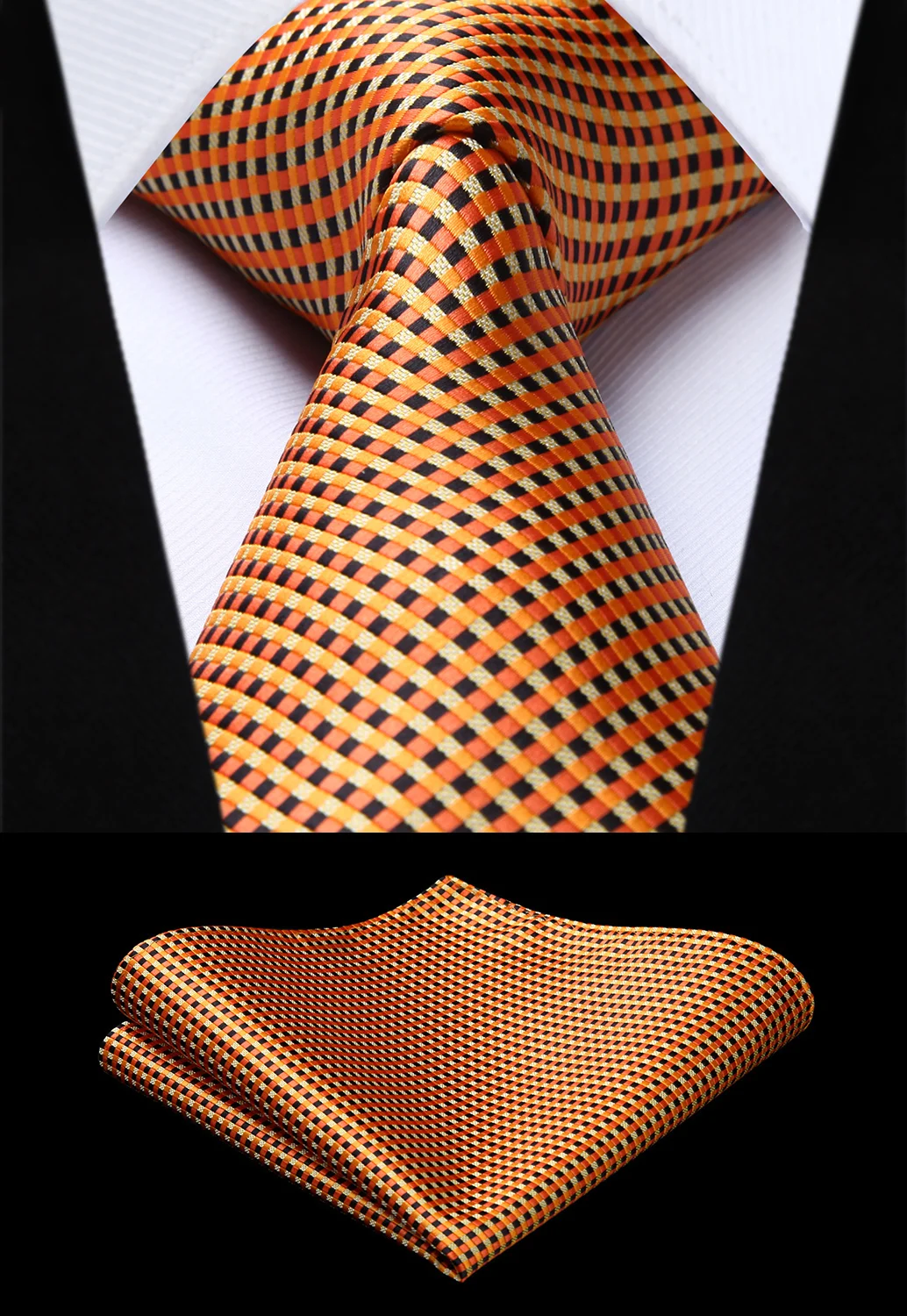 Orange Red Checks Silk Tie Set Mens Necktie Pocket Square Cufflinks Wedding