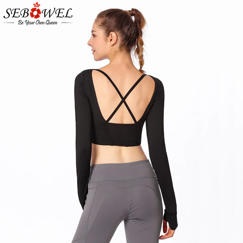 

SEBOWEL Women Autumn Winter Long Sleeve Yoga Shirts Sexy Back Thumb Hole Fitted Seamless Fitness Gym Crop Top Workout Sportswear