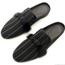 Новая полосатая ручной работы шелковые кисти белье сандалии повседневные потертостей на низком каблуке тапочки черный