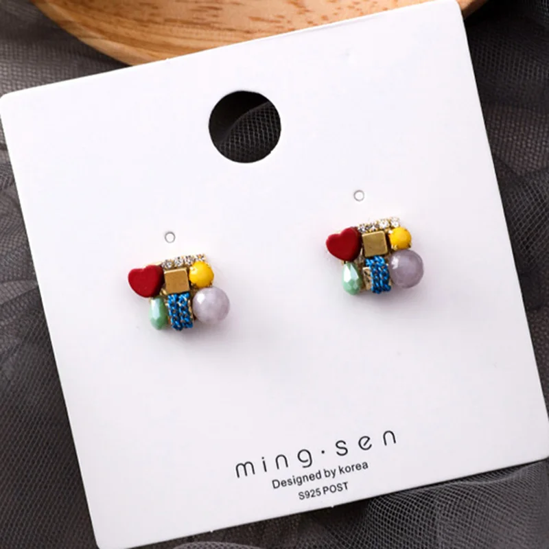 

S925 Pin Anti-allergy Colorful Acrylic Heart Rhinestone Square Stud Earrings For Girl Japanese Korean Cute Small Stud Earring
