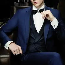 Итальянский Стиль Темно-синие мужские свадебные Пром ужин Костюмы 3 предмета Slim Fit смокинг жениха красивый Best человек костюм TERNO Casamento