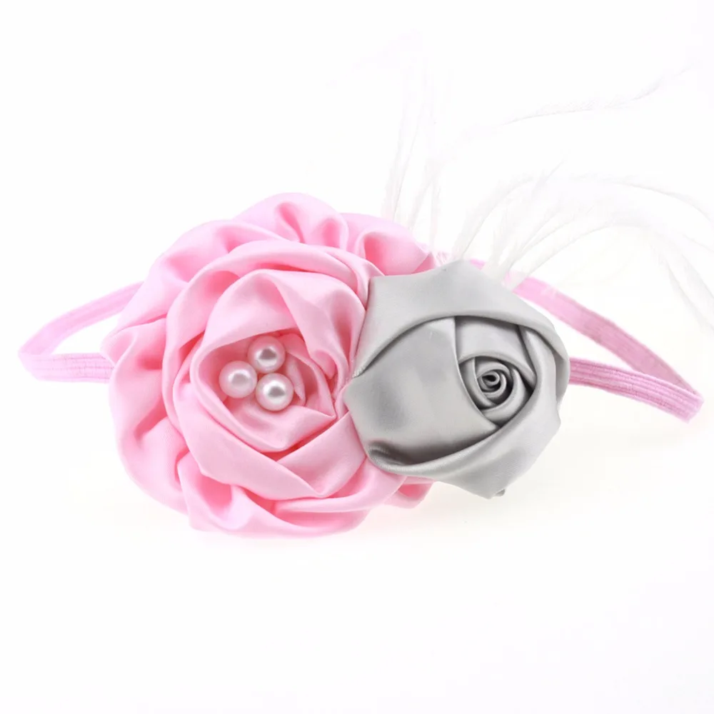 

Satin Rose Flowers Headbands Girl DIY White Feather Hair Band Children Accessories Photo Prop