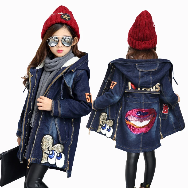 2018 New Winter Kids Girls Denim Jacket Children Plus Thick Velvet Jacket Big Virgin Warm Coat Cotton Hooded Outwear For Girl цена 2018 New Winter Kids Girls Denim Jacket Children Plus Thick Velvet Jacket Big Virgin Warm Coat Cotton Hooded Outwear For Girl цены онлайн