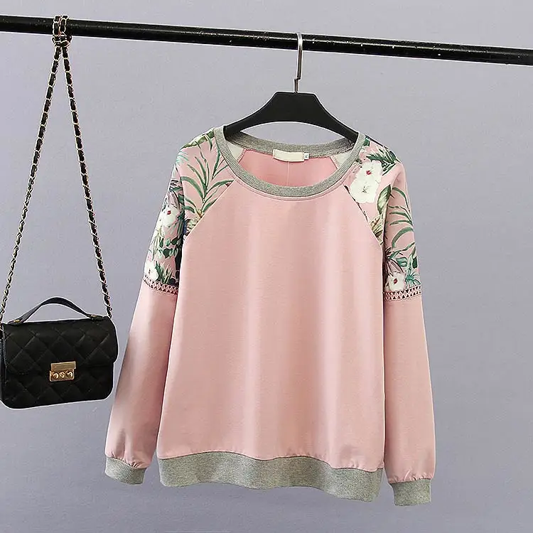 F21 Весна Повседневное Для женщин кофты 4XL размера плюс, одежда из хлопка, свободные топы с модным принтом с длинными рукавами и отверстиями на верхнем слое Толстовка 2048 - Цвет: Розовый
