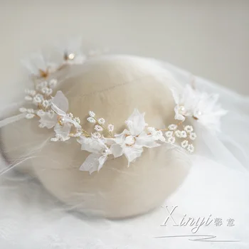 

Bohemian Bridal Hair Vine Wedding Hair Accessories Chiffon Flower Wreath White Textile Crystal Headpiece Beaded Halo