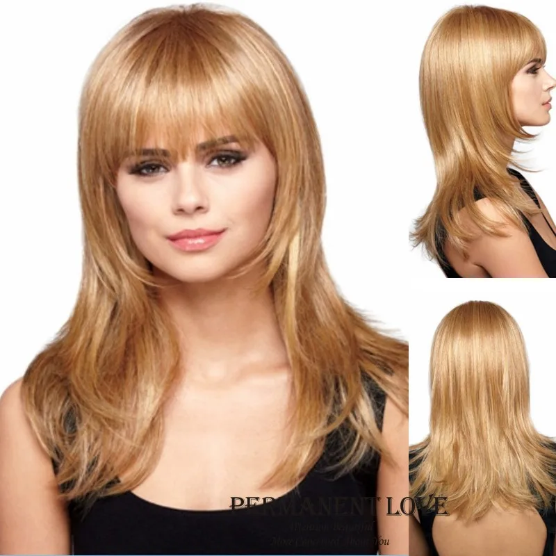 Blonde long layered wigs with fringe natural straight