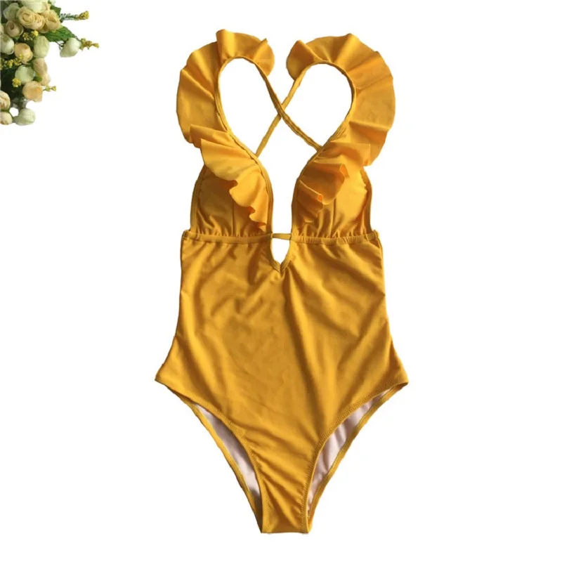 

Sexy Ruffled deep v-neck one piece bikini Bodysuit Beach Wear