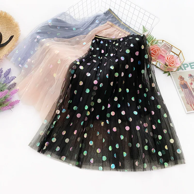 

Wasteheart Spring Black Women Skirt Casual High Waist A-Line Mid-Calf Long Skirt Clothing Ruffles Sequined Dot Sequins Skirts