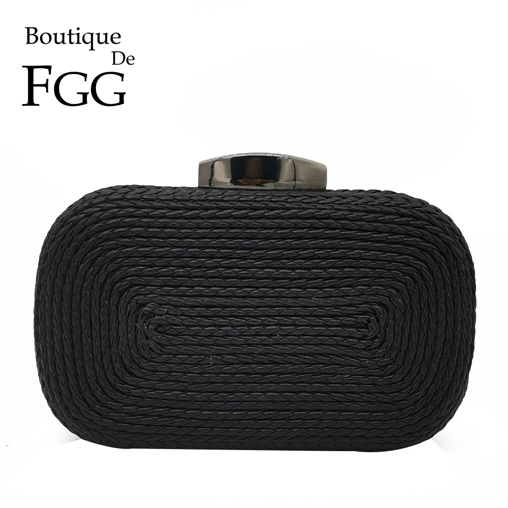 

Boutique De FGG Casual Women Clutches Black Evening Bag Woven Knited PU Metal Clutch Bag Hard Case Ladies Chain Shoulder Handbag