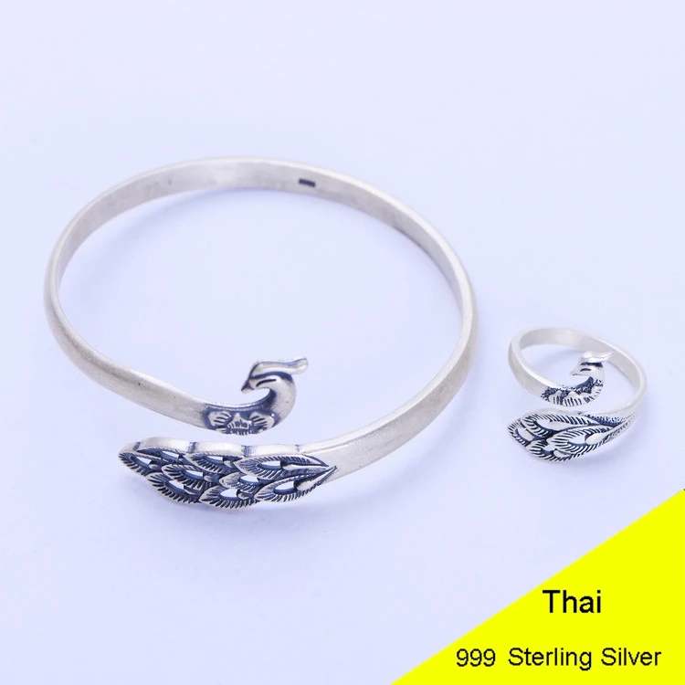 999 Sterling Silver Scrub Peacock Open Ring &amp Bracelet Men Retro Thai Jewelry Gift Finger Bangle CH056016 | Украшения и
