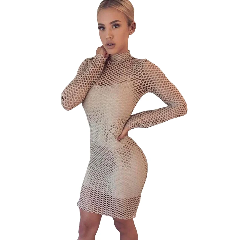 

Aescondo New 2017 Autumn Fashion See-through Lurex Mesh Bodycon Mini Dress Women European High Collar Fish Net Vestidos Feminino
