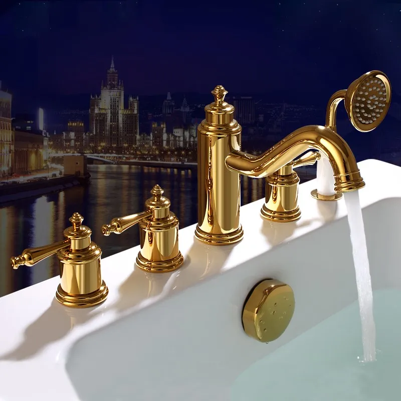 

3 colors Luxury gold Bathtub faucet set Five holes Three Handles Bathroom cold and hot water faucet mixer tap with brass spray