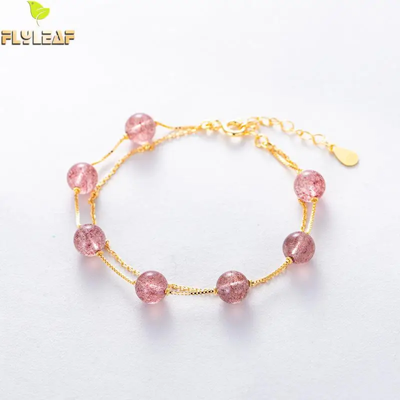 

Flyleaf 100% 925 Sterling Silver Double Chain Strawberry Crystal Beaded Bracelets For Women Handmade Lady Fashion Jewelry