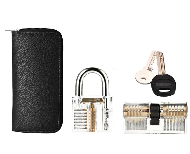 24pcs Locksmith Tools with Leather Bag and 2pcs Transparent Locks for Training
