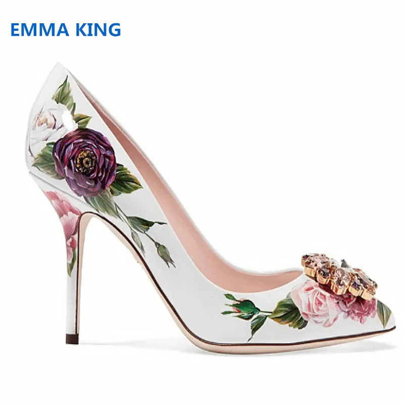 

New spring Sweet Flower Prints Women High Heels Pumps Diamond Pointed Toe Designer Stilettos Ladies Shoes Shallow Fashion Pumps