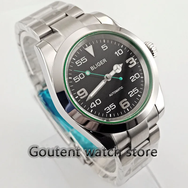 

40mm men's watch green luminous dial hand green hand movement Automatic black dial Bliger
