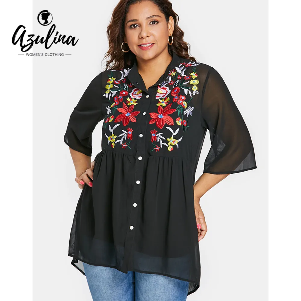

Rosegal Plus Size Buttons Floral Embroidery Women Blouse Stand Collar Three Quarter Long Shirts Blouses Casual Shirt Ladies Tops