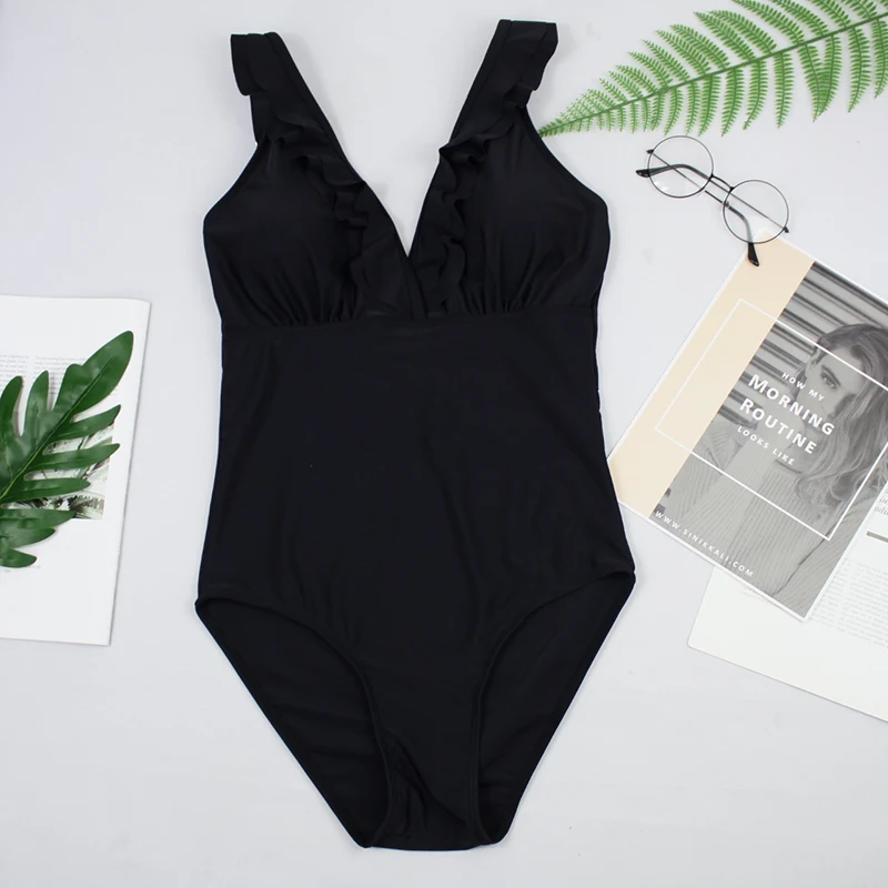 Сексуальный купальник с оборками размера плюс, женский купальник, Цельный купальник в стиле ретро, черный купальник для женщин, купальные костюмы, монокини - Цвет: Черный
