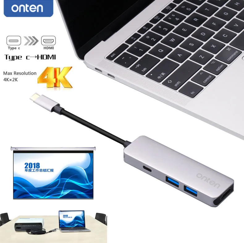 ONTEN 4в1 Тип C к 4K HDMI ТВ Аудио Видео адаптер конвертер + зарядный порт 2 USB 3 0