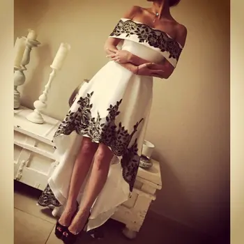 

Black Lace Appliques Off The Shoulder Front Short Back Long Black And White Evening Dresses Robe De Soiree Long Dames Avondjurk