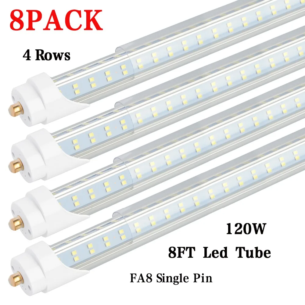 

8PCS 8FT LED Tube Light, 120W 6000K clear cover,Single Pin FA8 Base,Double side 4 rows V-shaped,T8 T10 T12 LED Fluorescent Bulb