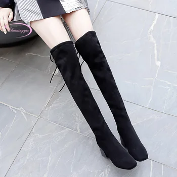 

South Korean sweet style round head autumn over knee high boots lace-up black high heel thick riding boots women's shoes