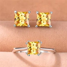 Милое женское Кристальное желтое кольцо с камнем серьги Ювелирные наборы Мода Boho серьги гвоздики для женщин Свадебные Ювелирные изделия Подарки
