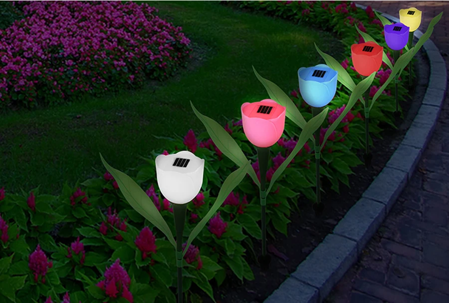 Outdoor Yard Garden Lawn Solar Power LED Night Lights Tulip Flower Lamp