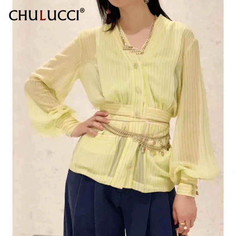 

6.21 2019 Summer The high quality fashion High Street female Button Striped Pockets V-Neck Long sleeve Blouses