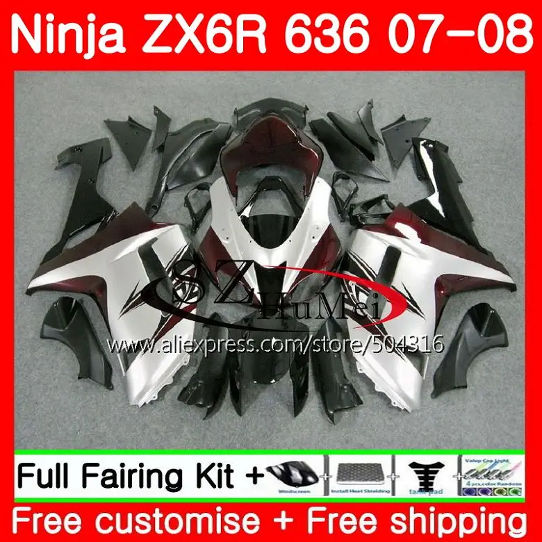 

Body For KAWASAKI NINJA ZX 6R 07-08 600CC ZX-636 ZX636 8SH15 ZX600 ZX6R 07 08 ZX 636 ZX-6R 2007 2008 Fairings kit Silver black