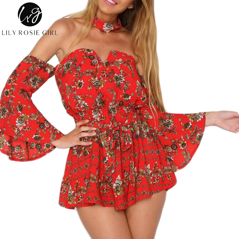 Lily Rosie Girl Red Floral Print Short Rompers Jumpsuits Off Shoulder