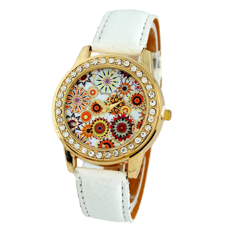 

Gnova Platinum Golden Women Watch Rhinestone Indian Flowers Fashion Quartz Wristwatch 60s hippie vintage retro clock femme