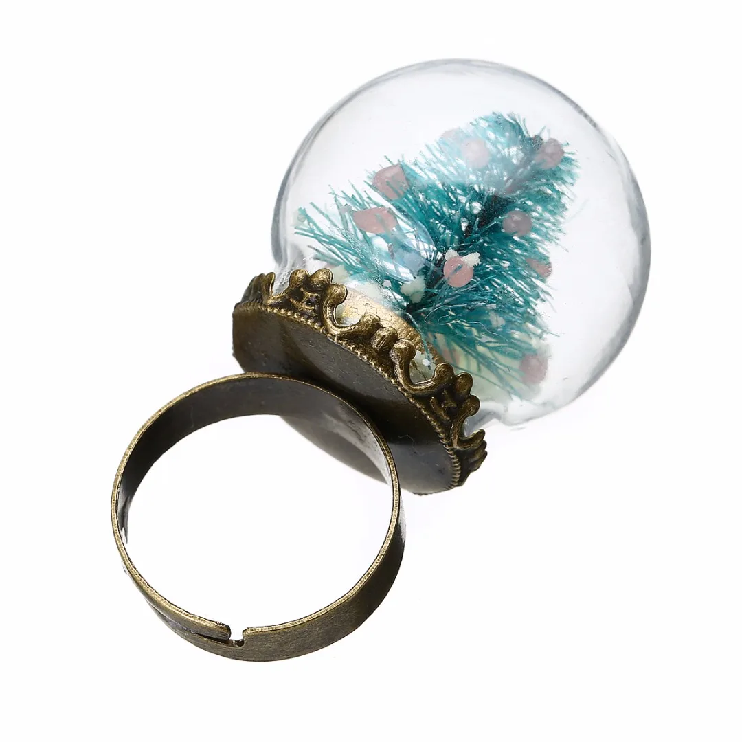 Shellhard Luminous Xmas Rings Shellhard Christmas Tree Glass Snowball Glow In The Dark Finger Ring For Women Men Jewelry