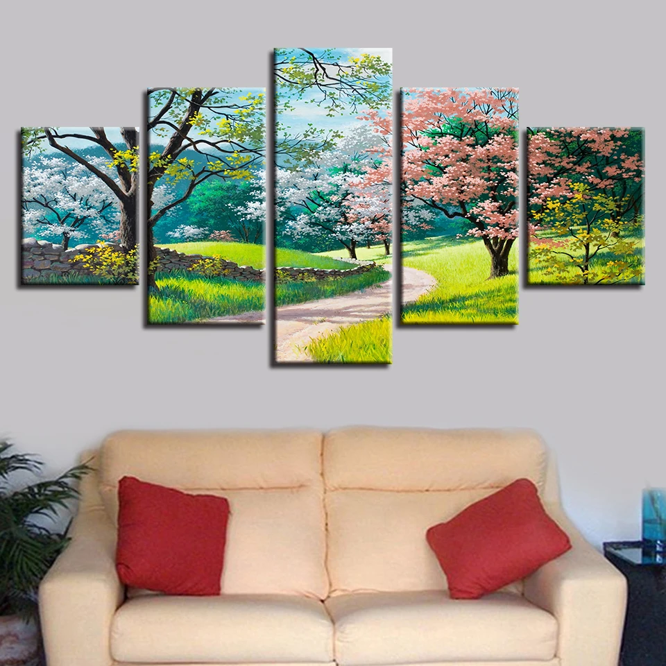 

HD Prints Decor Wall Modular Canvas Painting 5 Pieces Green Trees Flowers Grass Path Spring Natural Scenery Picture Poster Art