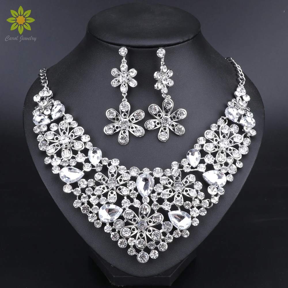 

Flower Shape Crystal Wedding Bridal Jewelry Sets Silver Color Rhinestone Wedding Jewelry Necklace Earrings Sets for Women