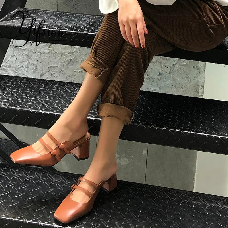 Neue Frau Echtem Yifsion as Pic As Sommer Maultiere Leder Frühling Frauen Hausschuhe Karree Starke Ferse Schuhe Pic Ywttpd