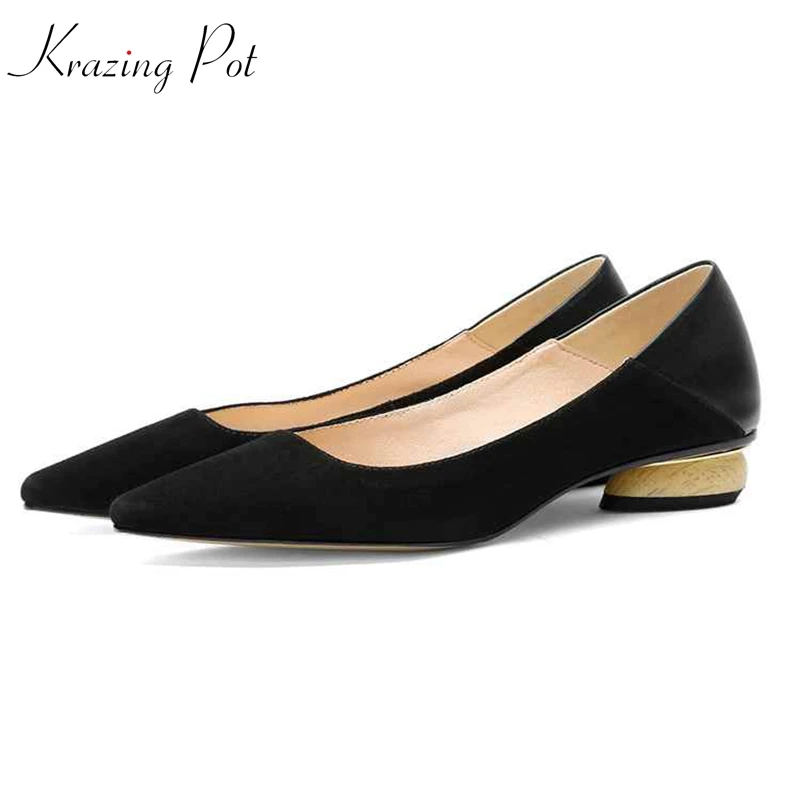 

Krazing pot full grain leather strange round low heels preppy style pointed toe fairy princess dating summer shallow pumps L33