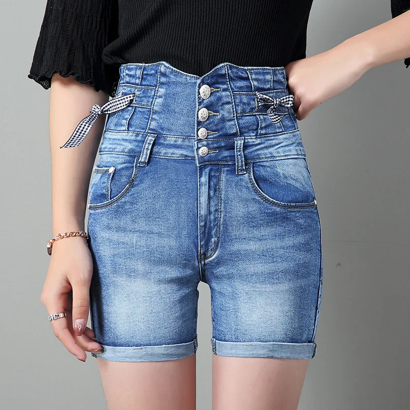 

#0619 High Waist Slim Fit Stretch Denim Shorts Women Single Breasted Plus Size Skinny Fashion Sexy Short Feminino