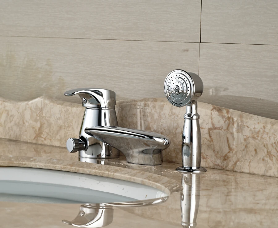

Modern 3PCS Chrome Bathroom Basin Deck Mounted Sink Faucet Waterfall Mixer tap With Hand Shower