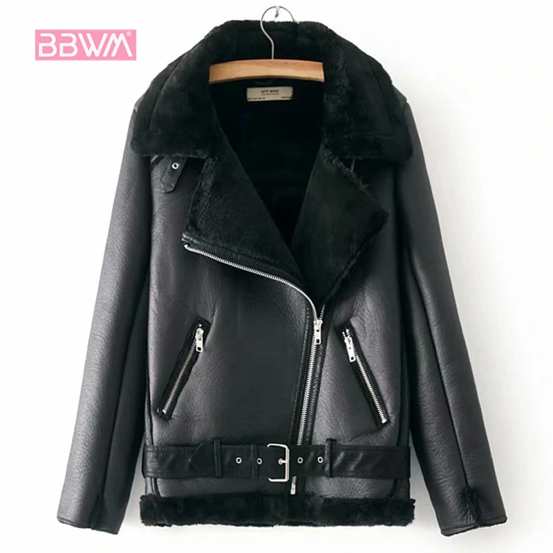 price cut  Warm women's winter motorcycle velvet jacket female short lapels fur thick Korean version plus velv
