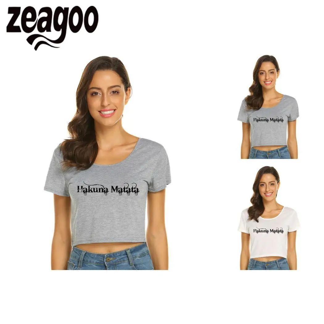 Zeagoo пупка Повседневное круглым вырезом короткий рукав твердой обнаженной Для женщин футболки Примечания Акуна Матата