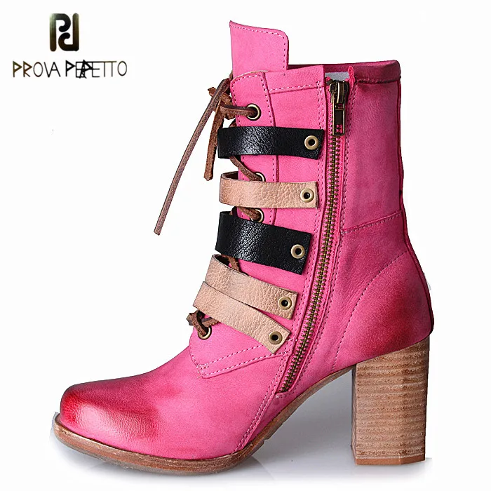 

Prova Perfetto New Designer British Style Woman Boots Square Toe Thick Heel Fashion Boots For Female Do old Genuine Leather Boot