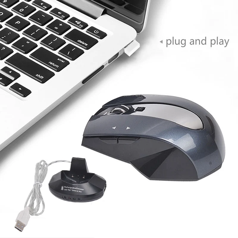 

2.4G Wireless Rechargeable Optical Mouse with 3 Ports USB HUB 2.0 Charging Dock for PC Desktop 8 SL@88