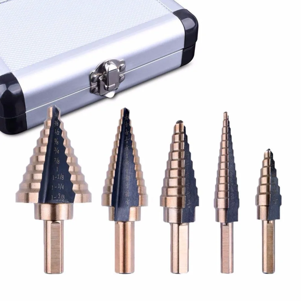5pcs HSS Cobalt Titanium Grooved Step Drill Bit Set Tools Multiple Hole 50 Sizes Stepped Drill