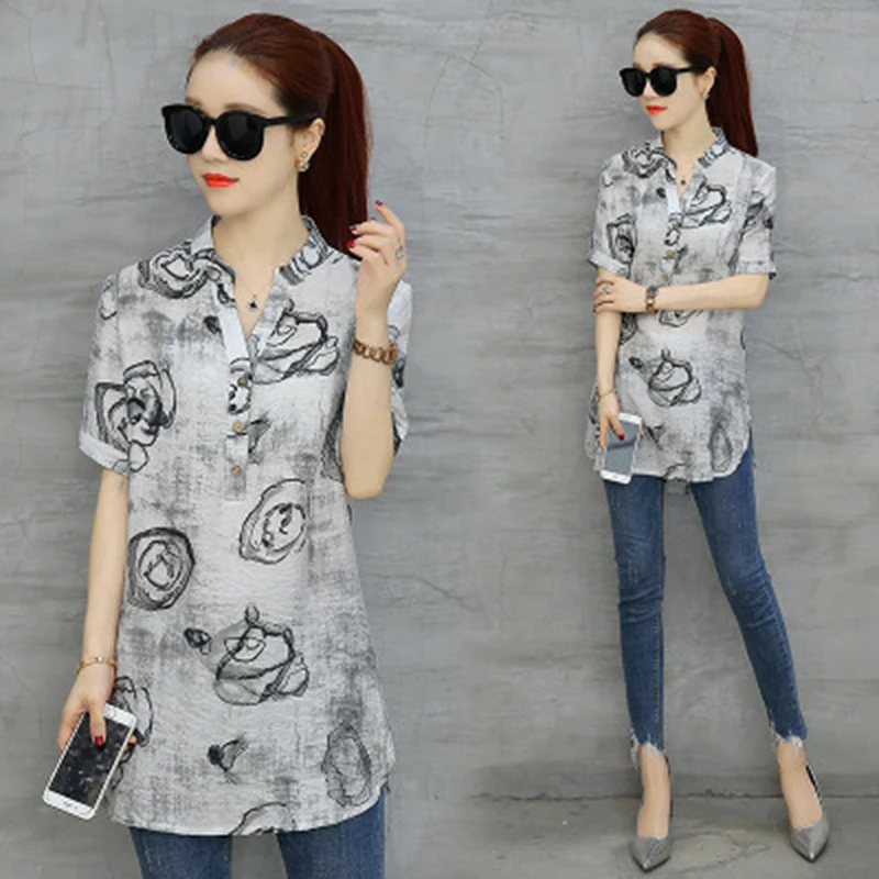 

2019 Summer Women T-shirt Casual Short Sleeve Stand Neck Cotton Linen Flower Print Tops Tees T Shirt Female Shirt Large Size